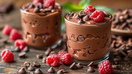   Two glasses of chocolate pudding, each with raspberries and chocolate chips, sit on a wooden...