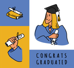The student holds a scroll tied with a ribbon. Flat vector illustration in cartoon style. A graduate in ceremonial attire winks. A set of elements for banner and postcard design. Closed book
