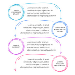 Infographic template with four elements for your text with hand drawn circles and arrows, doodle style, vector eps10 illustration