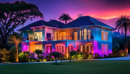 Extravagant home lit by vibrant neon lighting under a twilight sky, surrounded by a lush garden and tropical trees, embodying modern luxury.