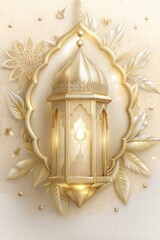 Ornate golden islamic lantern. Set against an embellished creamy background. Symbolizes the holy months of ramadan and eid al adha