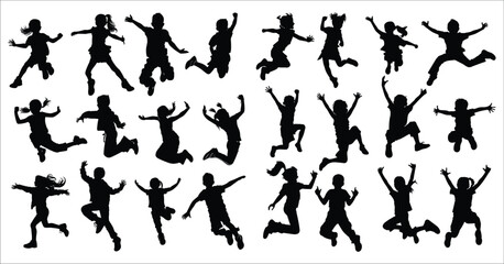 Silhouettes of many different jumping kids, Kids jumping silhouette set, Jumping kid silhouettes, Silhouette of Kids jumping, Children, Silhouette, Jumping, Playing, Teenage, Happy, Child, Education