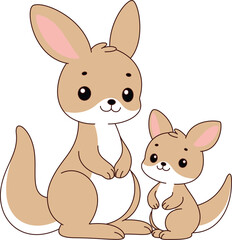 Cute kawaii kangaroo and baby cartoon character vector illustration. Wild animal, mothers day clip art