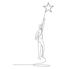 Continuous line drawing of young business man jumping to the star. Business career concept. Design vector illustration