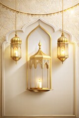 Golden lantern hung against an elegant backdrop with traditional islamic arch, embodying the spirit of ramadan and eid celebrations