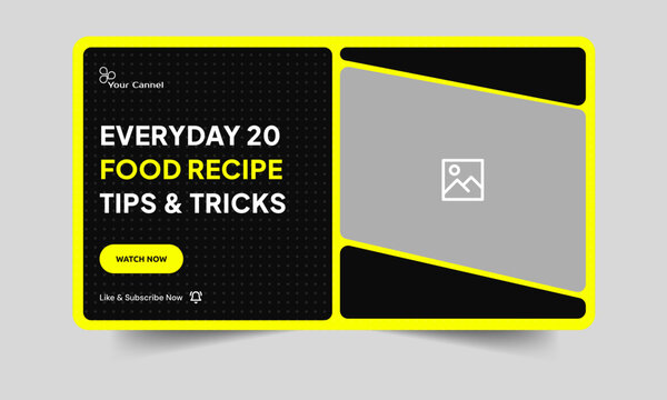 Fully editable vector food recipe tips and tricks video thumbnail banner design, daily food items recipe video cover banner design
