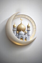 Traditional islamic culture symbols on golden background with text area and golden lanterns against an arabic moon and stars, perfect for ramadan, eid mubarak and eid al adha celebrations