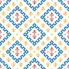 Cross Stitch embroidery seamless.Geometric pixel ethnic patterns. American, Mexican,African, mediterranean, nordic,Aztec style.Trendy folk art background design for products, fabric, ,print,decorate.