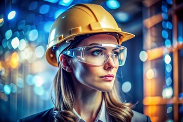 Woman in hard hat and safety glasses gazes to the side,Female worker in hard hat and safety glasses glances sideways,Woman wearing protective gear looks off to the side