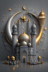 Islamic motif with mosque and arabic crescent moon and stars, 3d design poster perfect for islamic holidays like ramadan, eid al fitr, and eid al adha