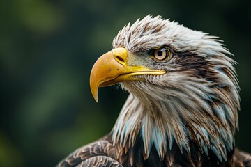 Fototapeta premium Portrait of bald eagle isolated on green forest background. Generative AI.