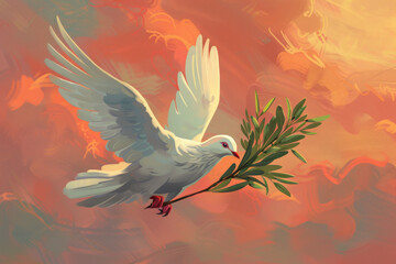 Peaceful Dove Flying with Olive Branch, Pentecost a Christian holiday, the descent of the Holy Spirit.