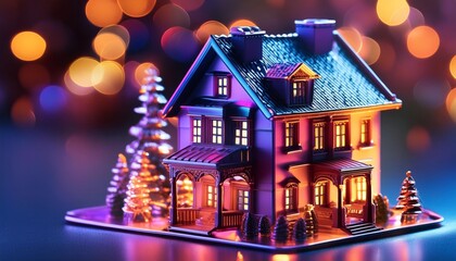 Festive illuminated house with warm lighting, surrounded by colorful bokeh and Christmas trees, capturing the cozy, holiday spirit.