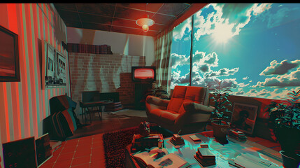 Surreal Retro Living Room with Dreamlike Landscape Imagery