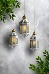 Elegant islamic lanterns gently illuminate a textured surface, symbolizing the holy months of ramadan and eid, commemorating eid al adha, the feast of sacrifice