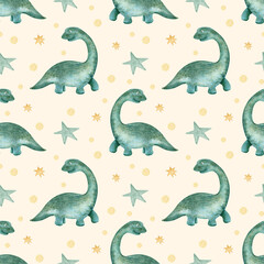Seamless pattern with hand-drawn dinosaurs and stars in Scandinavian style. Green dinosaurs and stars on a beige background. Creative watercolor fashion children's background for fabric, textile