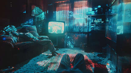 Surreal VHS Screenshot of Dreamlike Futuristic Room With Neon Glitch Optical Illusion and Psychedelic Digital Atmosphere