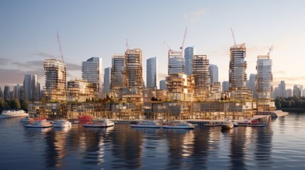 Cityscape sunrise. blueprints for urban renewal and development plans in progress