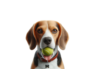 Portrait of a cute beagle dog with ball in isolated clear png background