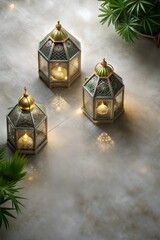 Elegant islamic lanterns gently illuminate a textured surface, symbolizing the holy months of ramadan and eid, commemorating eid al adha, the feast of sacrifice