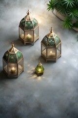 Elegant islamic lanterns gently illuminate a textured surface, symbolizing the holy months of ramadan and eid, commemorating eid al adha, the feast of sacrifice