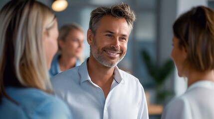 business people talking in an office. The man has short hair. He is smiling as he looks at his female colleagues while they talk. They all wear casual attire. generative AI