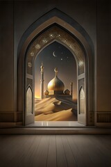 Islamic celebration background with Mosque adorned with lights, seen through an ornate arch during the night of the holy month for islamic holidays like ramadan, eid al fitr, and eid al adha