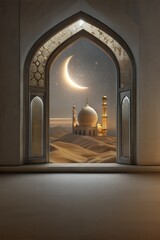 Islamic celebration background with Mosque adorned with lights, seen through an ornate arch during the night of the holy month for islamic holidays like ramadan, eid al fitr, and eid al adha