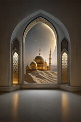 Islamic celebration background with Mosque adorned with lights, seen through an ornate arch during the night of the holy month for islamic holidays like ramadan, eid al fitr, and eid al adha