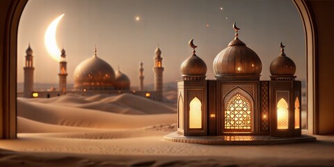 Islamic celebration background with Mosque adorned with lights, seen through an ornate arch during the night of the holy month for islamic holidays like ramadan, eid al fitr, and eid al adha