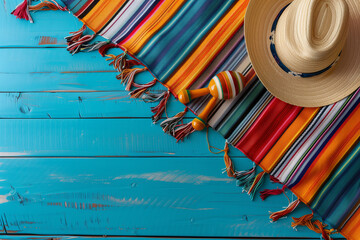 Mexican background serape striped blanket with sombrero maracas on old blue wood floor Mexico cinco de mayo festival vacation
