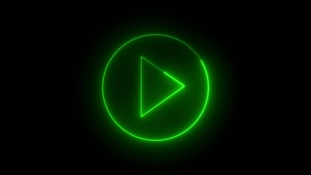 green play button on black background. Start button. Neon glowing play button. Neon glowing play button