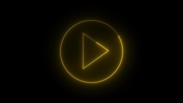 yellow play button on black background. Start button. Neon glowing play button. Neon glowing play button