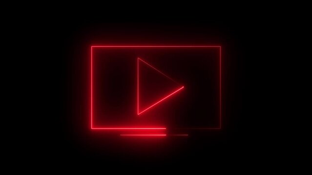 red play button on black background. Start button. Neon glowing play button. Neon glowing play button