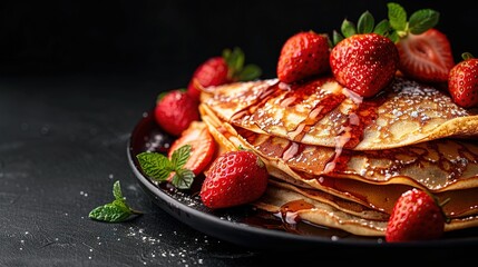   A black plate holds a stack of golden-brown pancakes topped with ripe red strawberries A sprig of fresh green mint graces the side, adding a delightful - Powered by Adobe