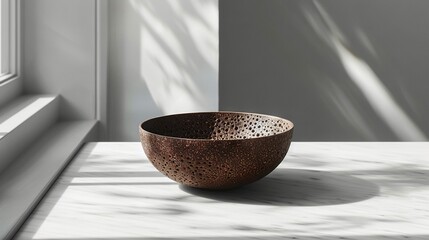   A brown bowl sits on a white counter, next to a window sill and another window sill