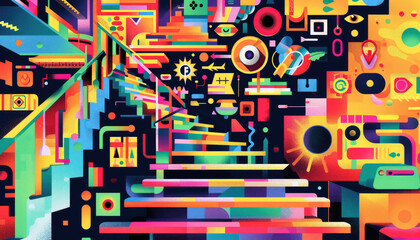 Obraz premium A colorful painting of a staircase with a black background by AI generated image