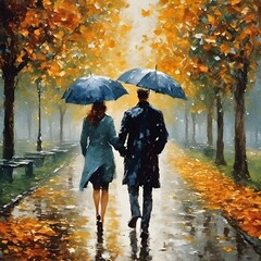 AI generated illustration of a couple with umbrellas in a rainy park