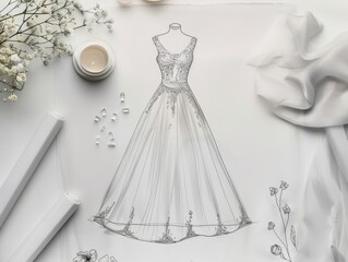 Sketch of a evening dress, fashion desiner, layout, fabric, pencil, desiner's table, working space