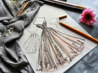 Sketch of a evening dress, fashion desiner, layout, fabric, pencil, desiner's table, working space