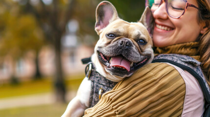 happy girl owner of a cute dog holds and hugs her beloved French bulldog on the street in the park, copy space