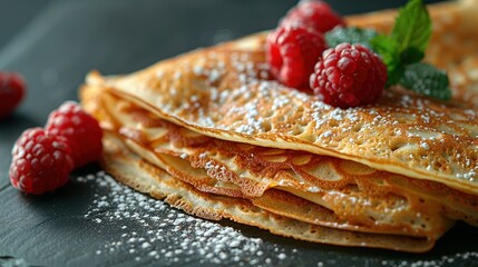   Stack of crepes topped with raspberries and powdered sugar on a black background