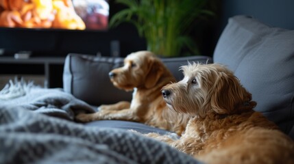 Dogs sitting comfortably on the sofa, with their attention focused on the TV screen