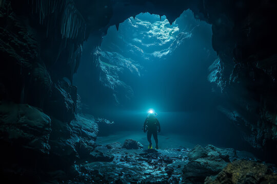 A man in a diving suit is standing in a cave with blue water