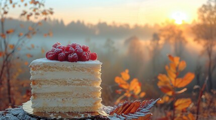   A beautifully frosted cake with fresh raspberries on top, resting on a wooden table against a...