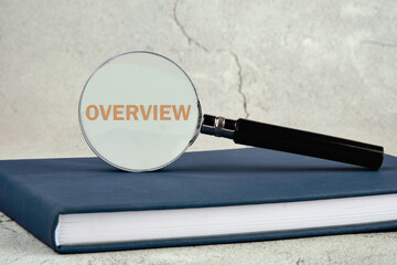 Summary Description Conclusion Concept. Overview word through a magnifying glass standing on a...