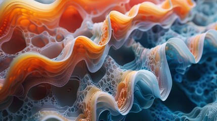 The image is an abstract painting that looks like a close-up of a coral reef. The colors are vibrant and the shapes are organic. The painting has a sense of movement and energy.