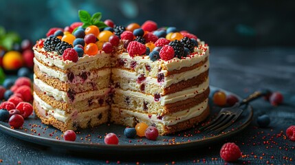   A cake with a slice removed, sitting on a plate surrounded by berries and raspberries