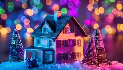 Charming miniature house under colorful lights, with Christmas trees and artificial snow, set against a vibrant bokeh background, embodying holiday joy.