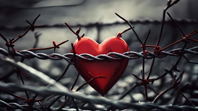 A voluminous red heart bound with barbed wire with sharp spikes, symbolizing difficult human experiences, a broken heart, fears and oppression.